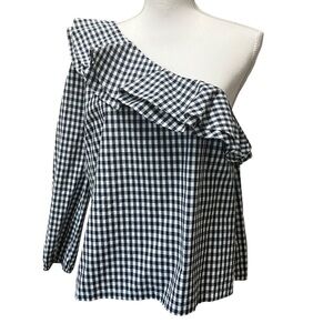 J Crew Gingham One‎ Shoulder Ruffle Navy & White Top Blouse Women’s Size 12